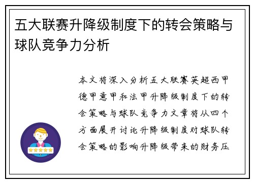 五大联赛升降级制度下的转会策略与球队竞争力分析